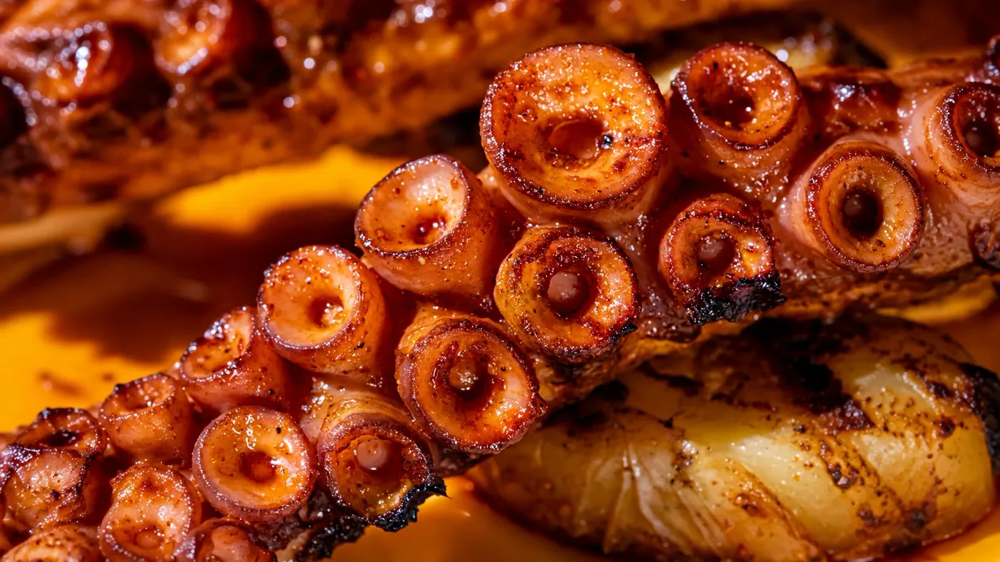 Detalle de costillas glaseadas a la parrilla