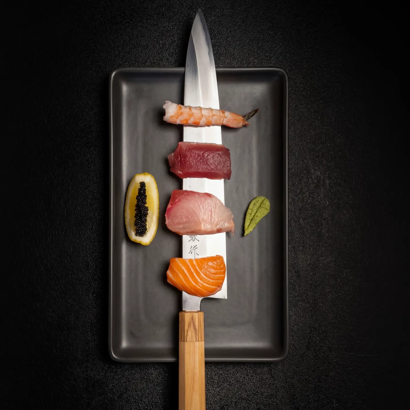 Sashimi servido sobre cuchillo japonés con caviar